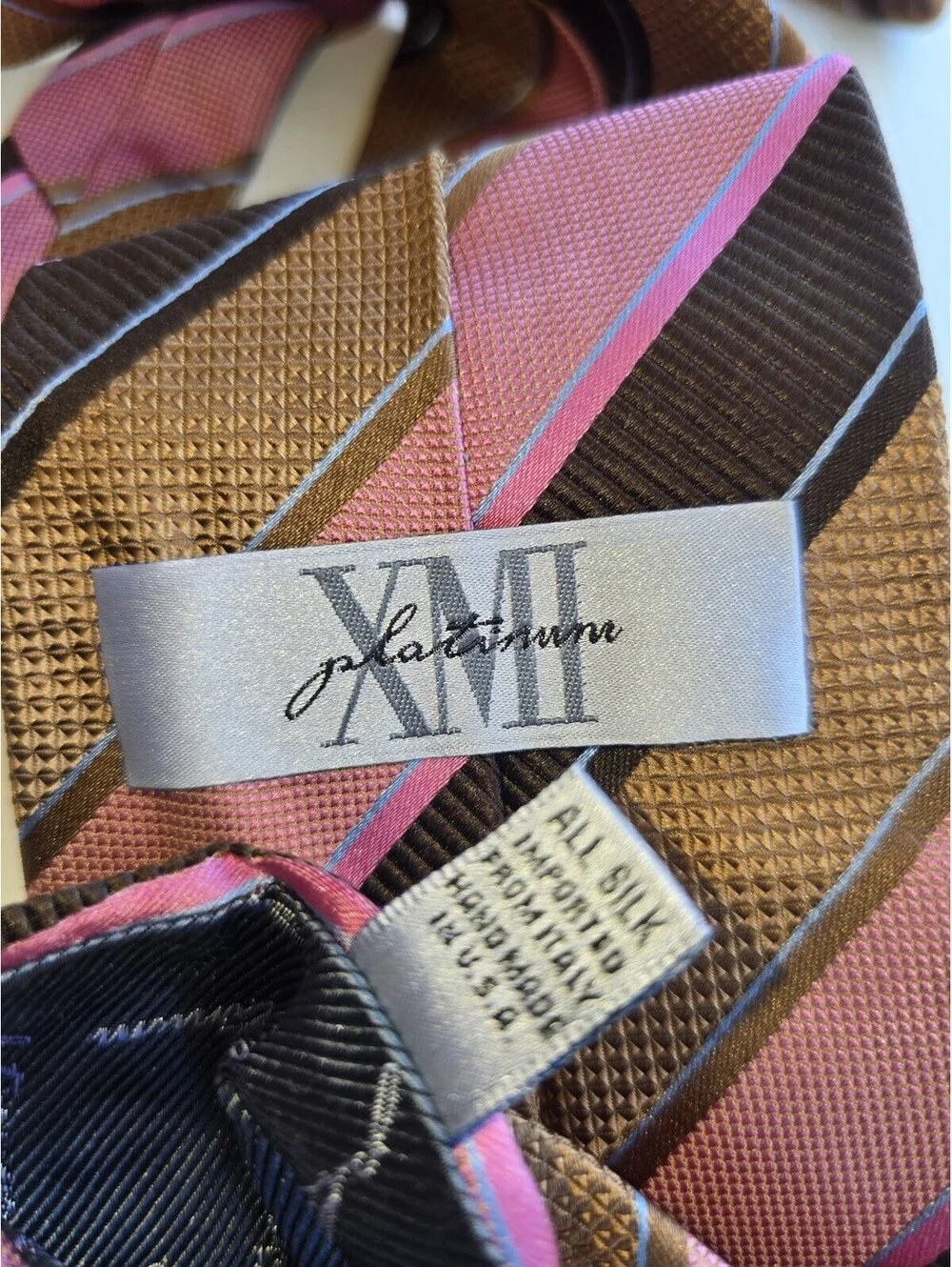XMI Platinum Pink Brown Striped 100% Silk Men's Necktie